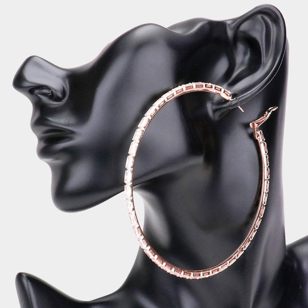 Rose Gold Crystal 3.4" Rectangle Stone Round Big Hoop Earrings Rhinestone Bling
